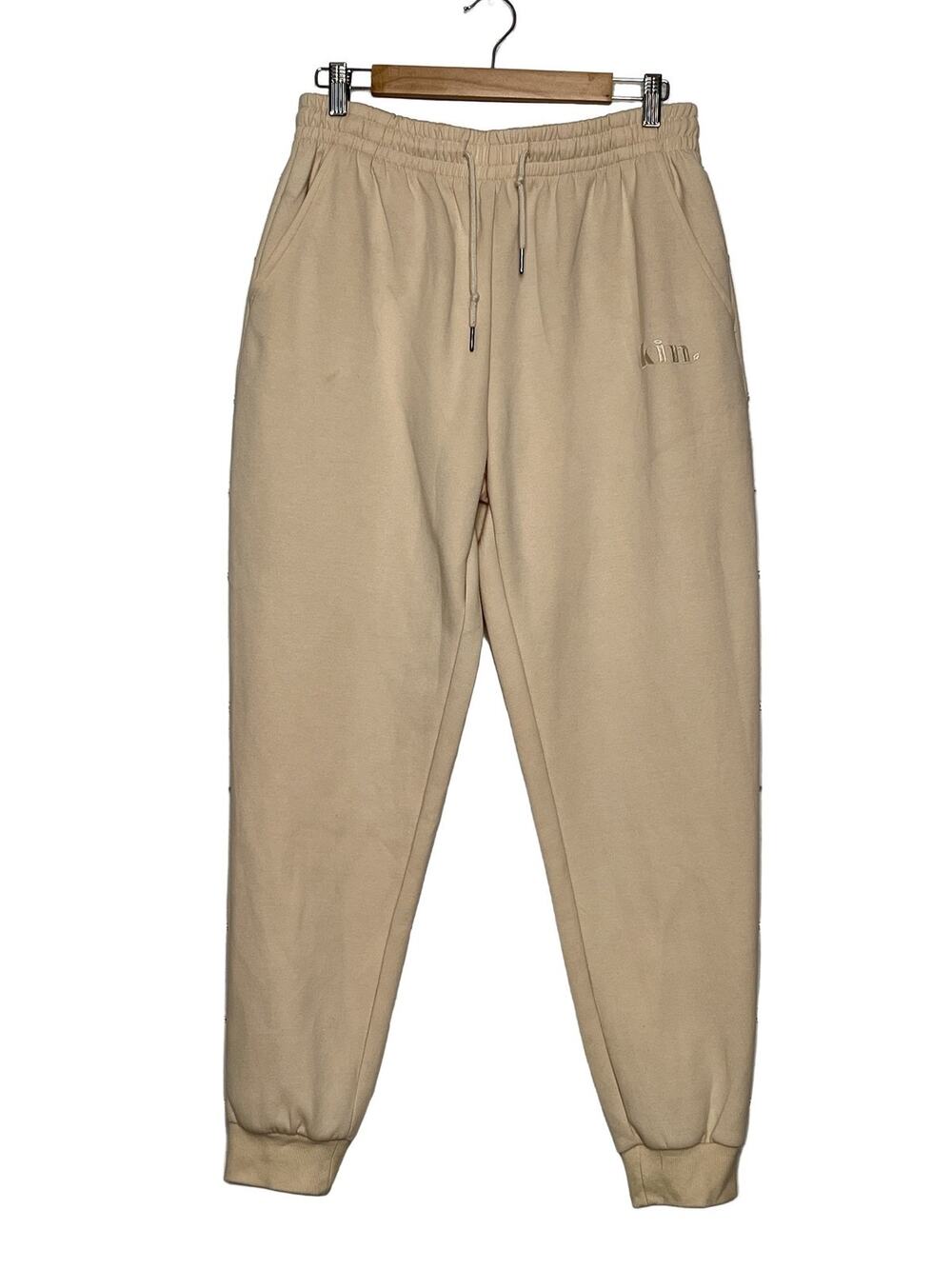 kin. Jogger Sweatpants Large Beige High Waisted Fleece Tapered Leg Cotton